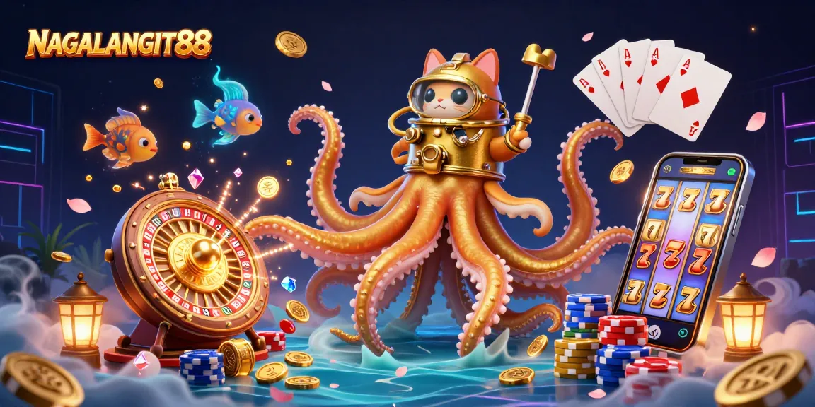 NAGALANGIT88 showcases an immersive casino atmosphere with a kraken and diving cat amidst dazzling gaming elements.