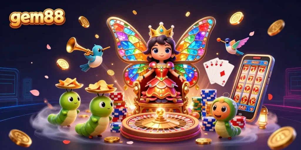 Experience thrilling wins at gem88 with a vibrant 3D casino scene featuring a butterfly queen and dazzling game elements.