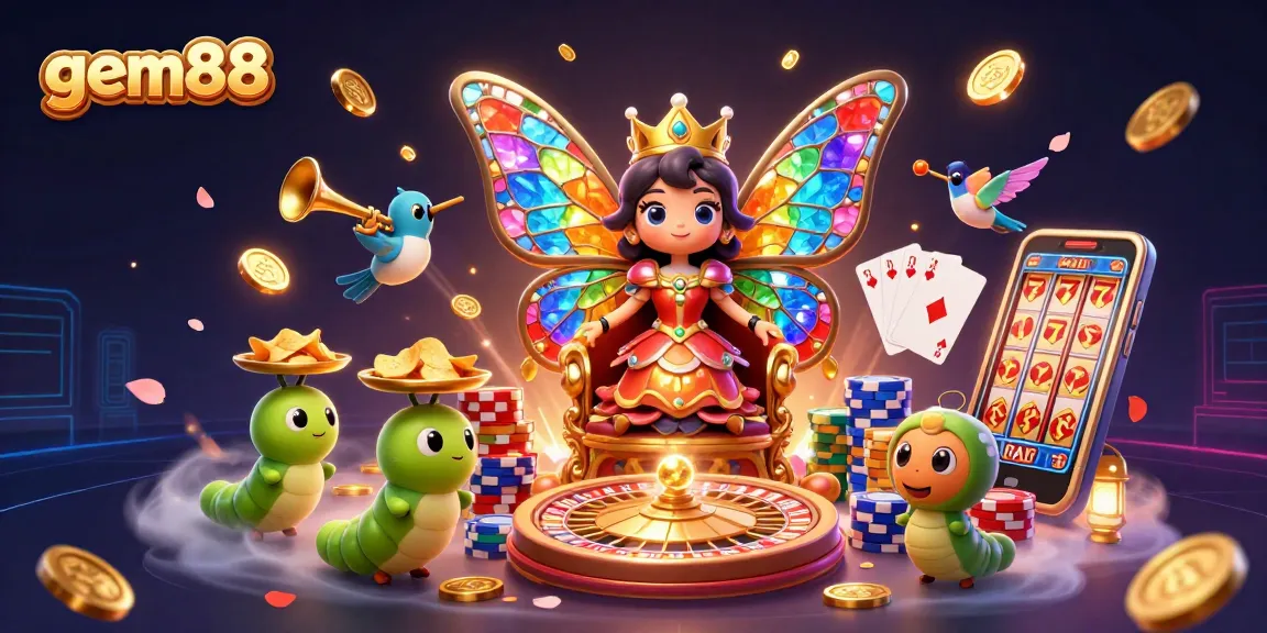Experience thrilling wins at gem88 with a vibrant 3D casino scene featuring a butterfly queen and dazzling game elements.