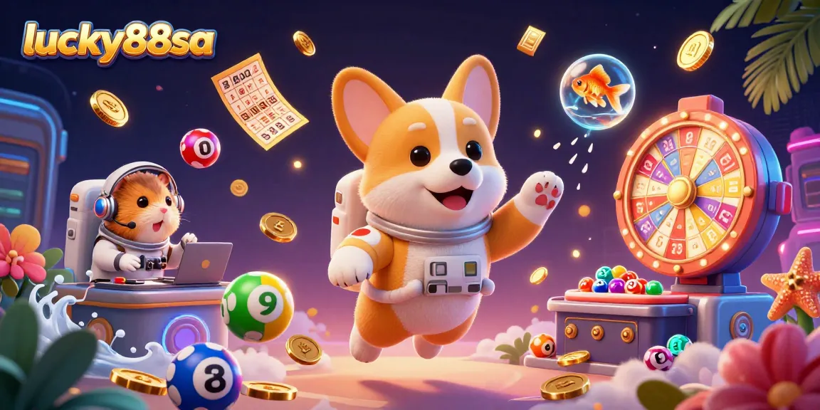 Engage with lucky88sa in an action-packed casino scene featuring whimsical characters and lottery elements.