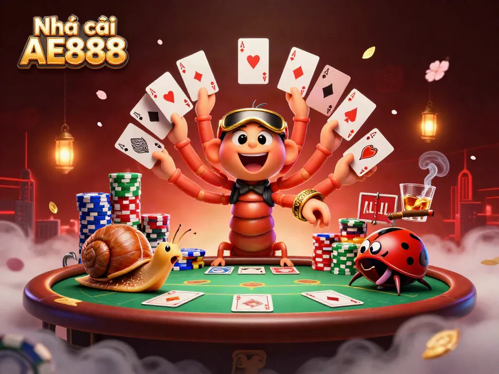 Engage with Nhà cái AE888 as a 3D millipede dealer entertains with playing cards.
