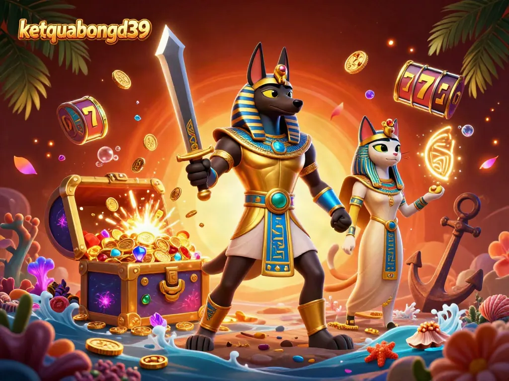 Engage with ketquabongda39 and dive into the exciting world of slots, featuring a vibrant scene with Anubis and treasures.