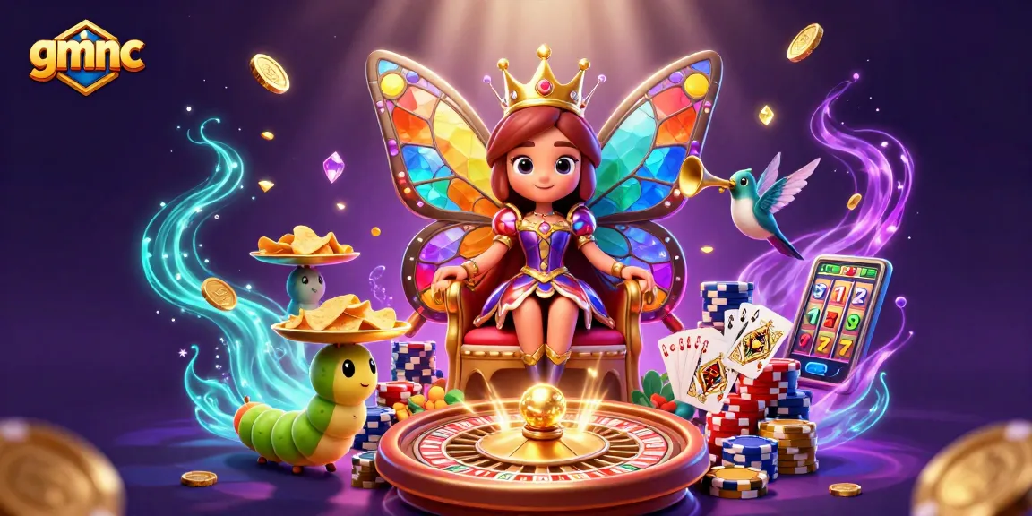 Experience the dynamic magic of gmnc with a butterfly queen amidst 3D casino elements like roulette wheels and golden chips.