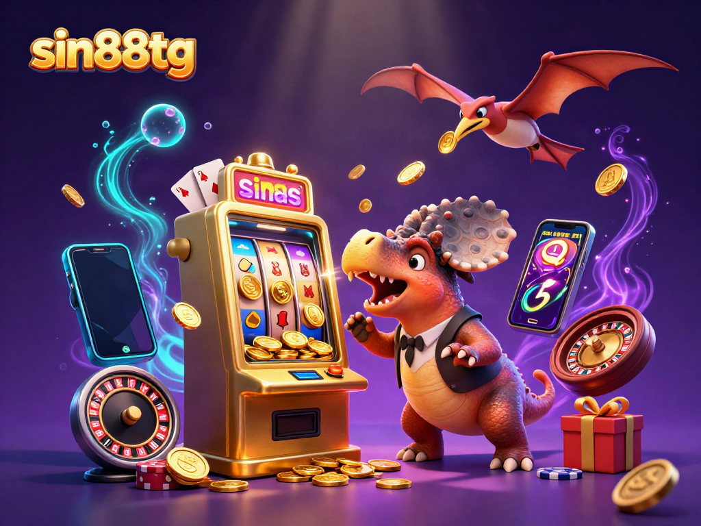 sin88tg showcases a pachycephalosaurus headbutting a slot machine, amidst flying coins in a vibrant casino setting.