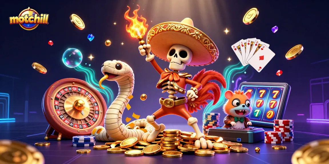 Experience motchill's thrilling casino action with a vibrant 3D illustration depicting a festive gaming scene.