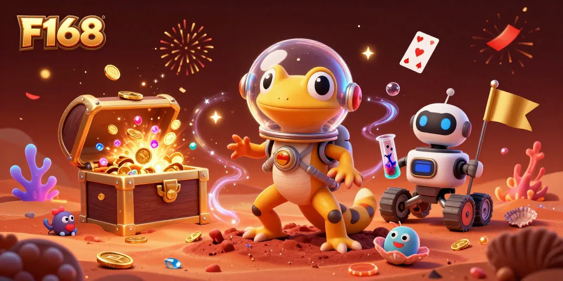 Experience F168’s vibrant casino adventure with a Martian gecko discovering treasures and cheering aliens.