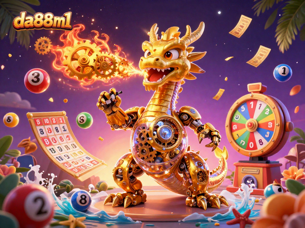 Engage with da88m1's thrilling gaming scene featuring a golden dragon and colorful lottery elements.