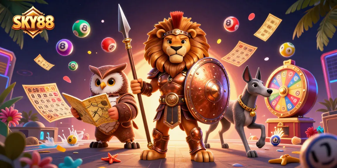 Engage in thrilling games at SKY88 casino featuring a Spartan lion, owl strategist, and dynamic prizes.