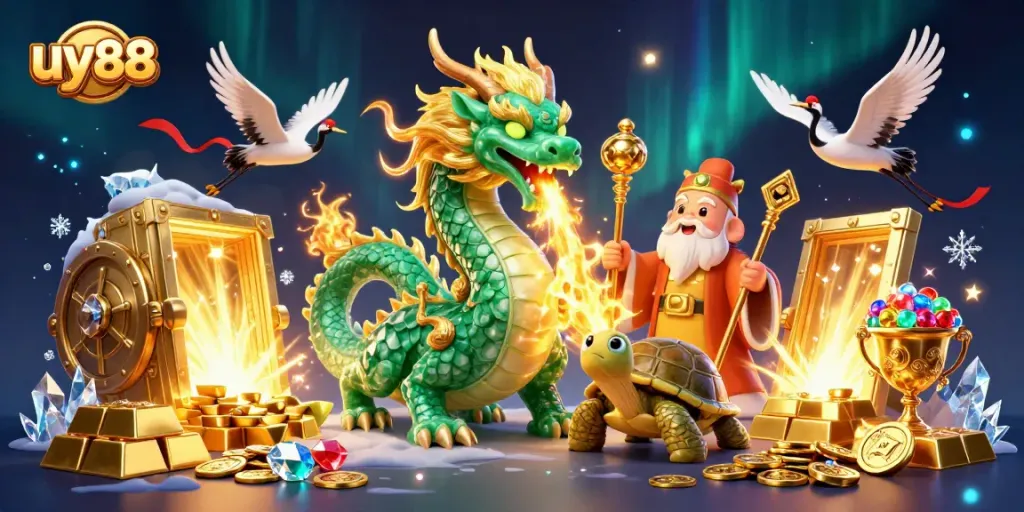 Experience thrilling action with uy88, featuring dragon and turtle amidst treasures and jewels.
