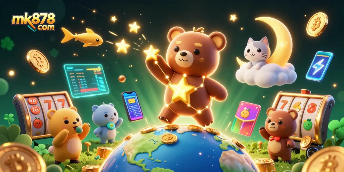 Experience the excitement of gaming with mk878 com in a vibrant casino scene filled with golden stars and cryptocurrency elements.