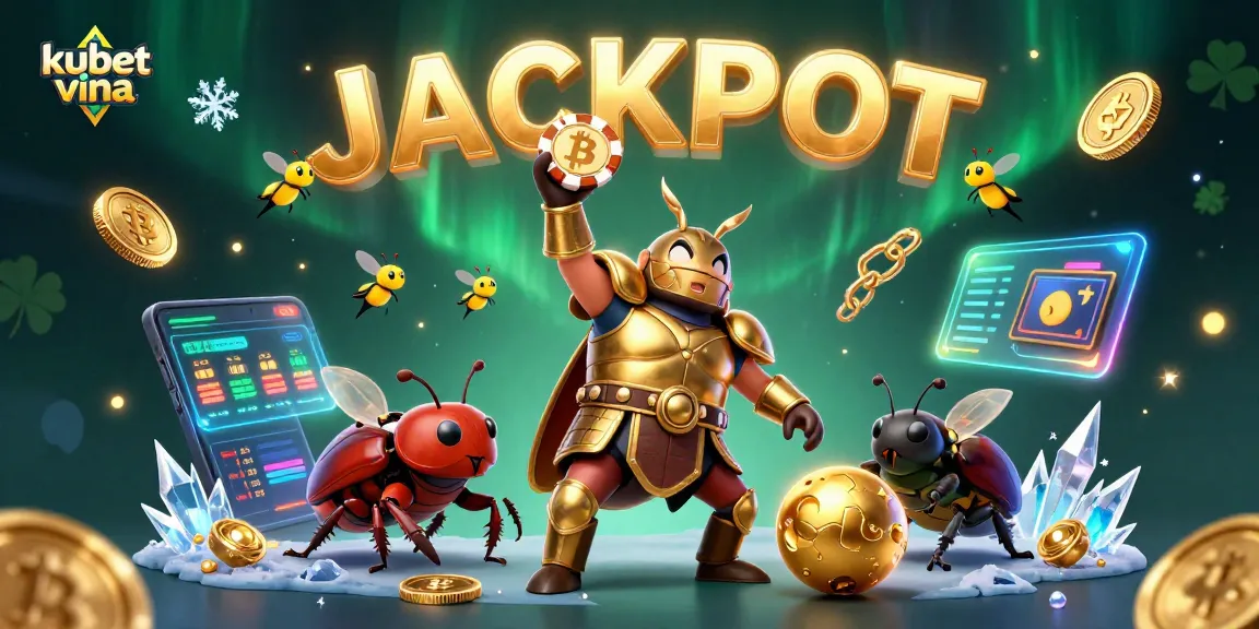 Win big with kubet vina, featuring a cartoon beetle celebrating a jackpot in a colorful casino scene.