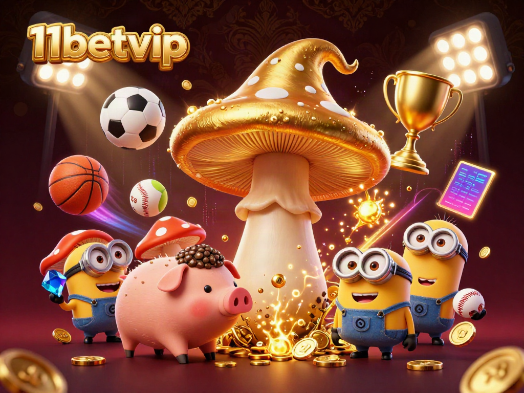 Experience exciting gameplay at 11betvip with a magical mushroom wizard and treasure-filled sports betting scene.