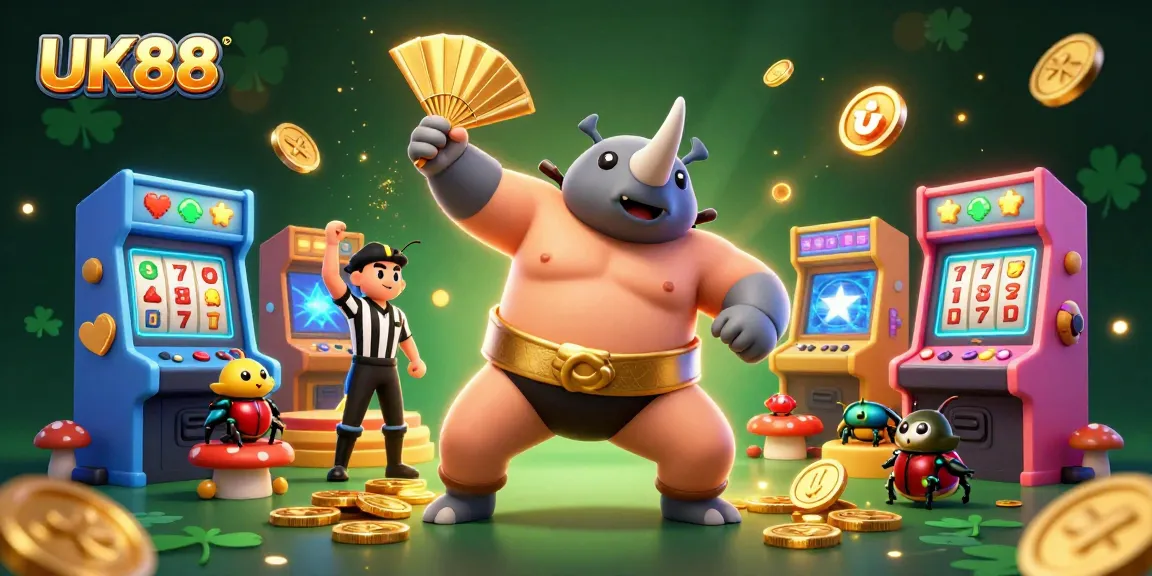 UK88's dynamic 3D illustration showcases vibrant gambling activities with a sumo champion beetle amidst exciting game elements.