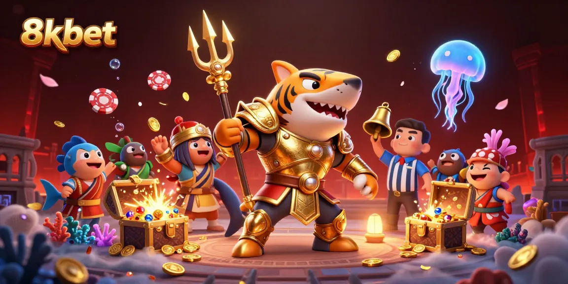 Engage with 8xbet's thrilling underwater casino adventure featuring a gladiator shark and vibrant gaming elements!