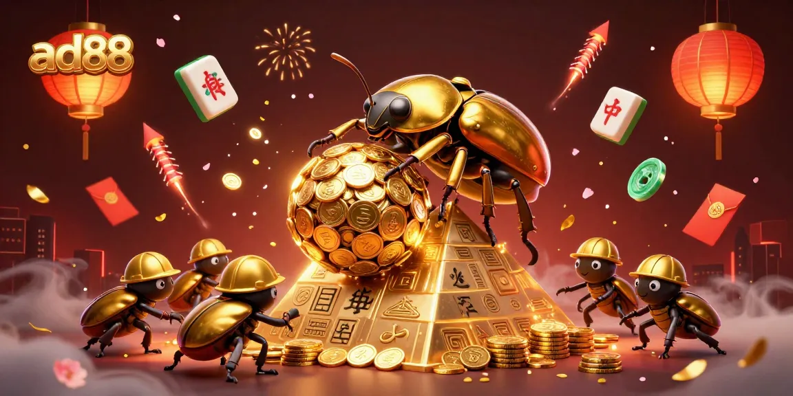 Experience winning with ad88's vibrant 3D casino illustration featuring golden coins and lucky symbols.