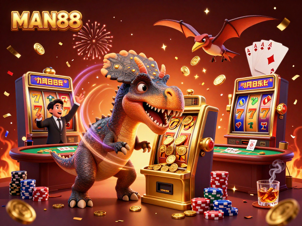 Witness MAN88's thrilling jackpot moment with a pachycephalosaurus celebrating a big win!