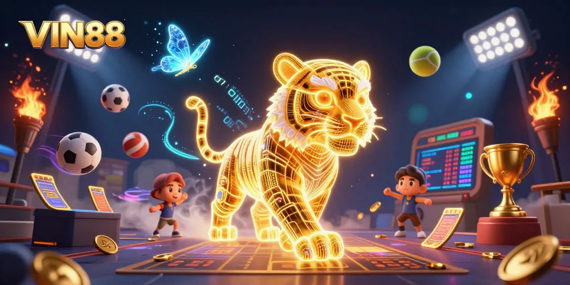 Experience VIN88's vibrant digital casino with a neon golden tiger and dynamic sports elements.