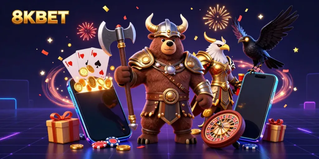 Engage with 8KBET in a vibrant illustration showcasing gaming characters celebrating amidst slot game elements and festive fireworks.