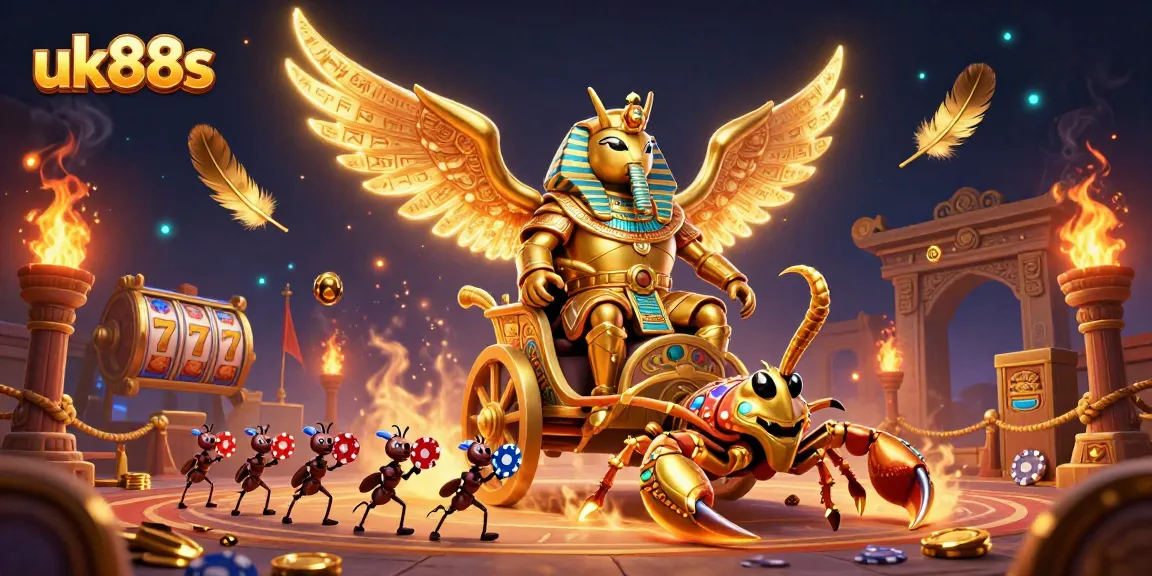 Experience thrilling gameplay with uk88s featuring a golden scarab beetle and poker chips.