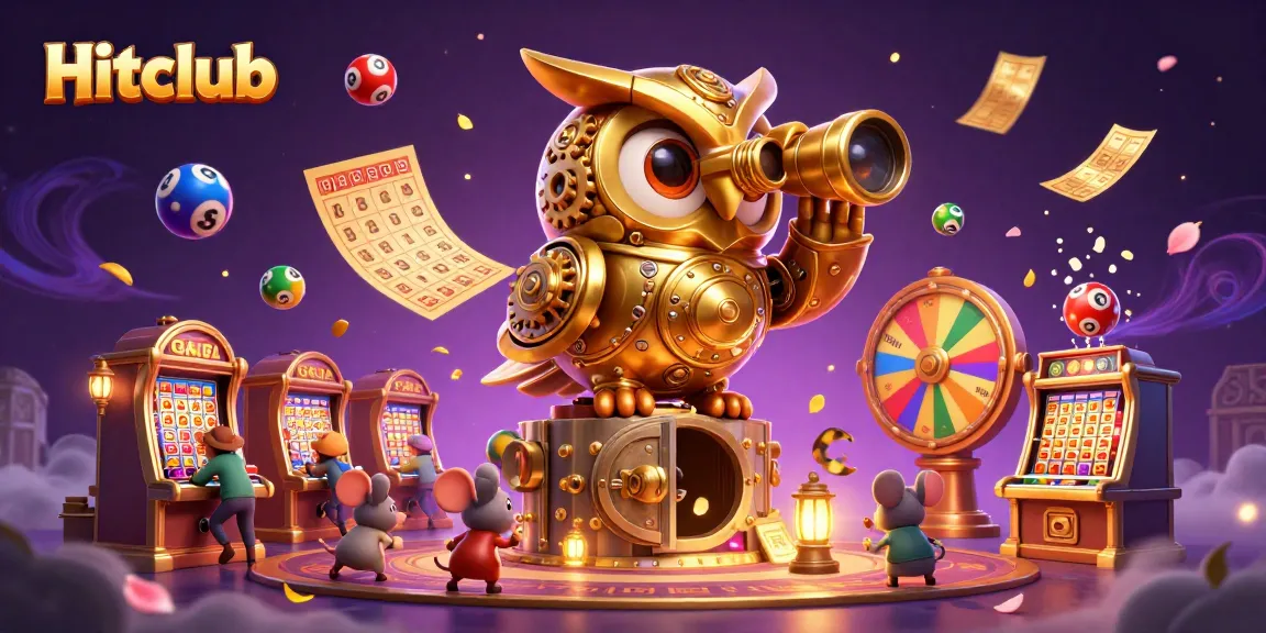 Hitclub's exciting casino scene features vibrant lottery balls, a golden owl, and energetic mouse patrons.