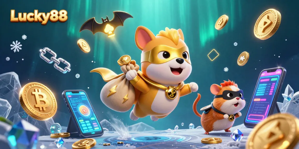 Experience exciting gameplay with Lucky88, featuring a superhero dog amidst glowing crypto symbols and casino elements.