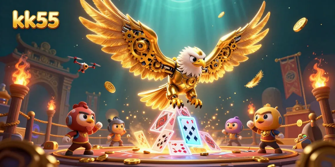 Experience the thrill of kk55 with a cybernetic eagle amidst holographic cards and dynamic casino elements.