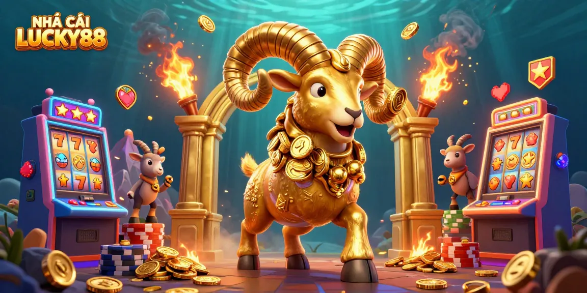 Embark on thrilling slots adventures with NHÀ CÁI LUCKY88, featuring dynamic golden ram and vibrant casino elements.