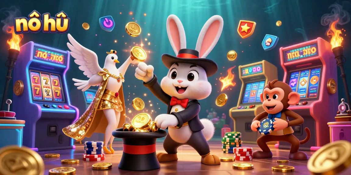 Engaging illustration featuring nổ hũ action with colorful casino elements, showcasing a magician and gaming excitement.
