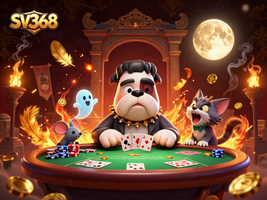 SV368 showcases a vibrant 3D casino scene with a Frankenstein bulldog monster dealing cards.