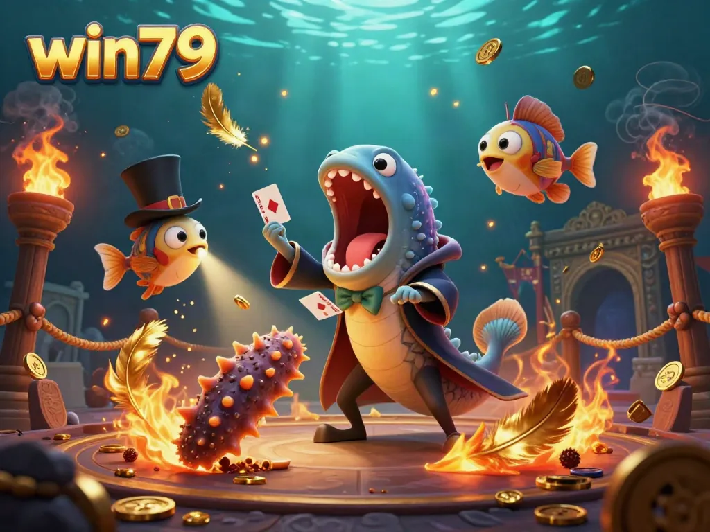 Experience thrilling entertainment with win79's spectacular underwater casino magic scene featuring vibrant characters and golden elements.
