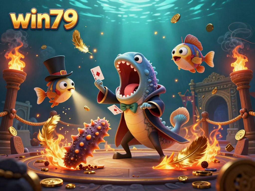 Experience thrilling entertainment with win79's spectacular underwater casino magic scene featuring vibrant characters and golden elements.