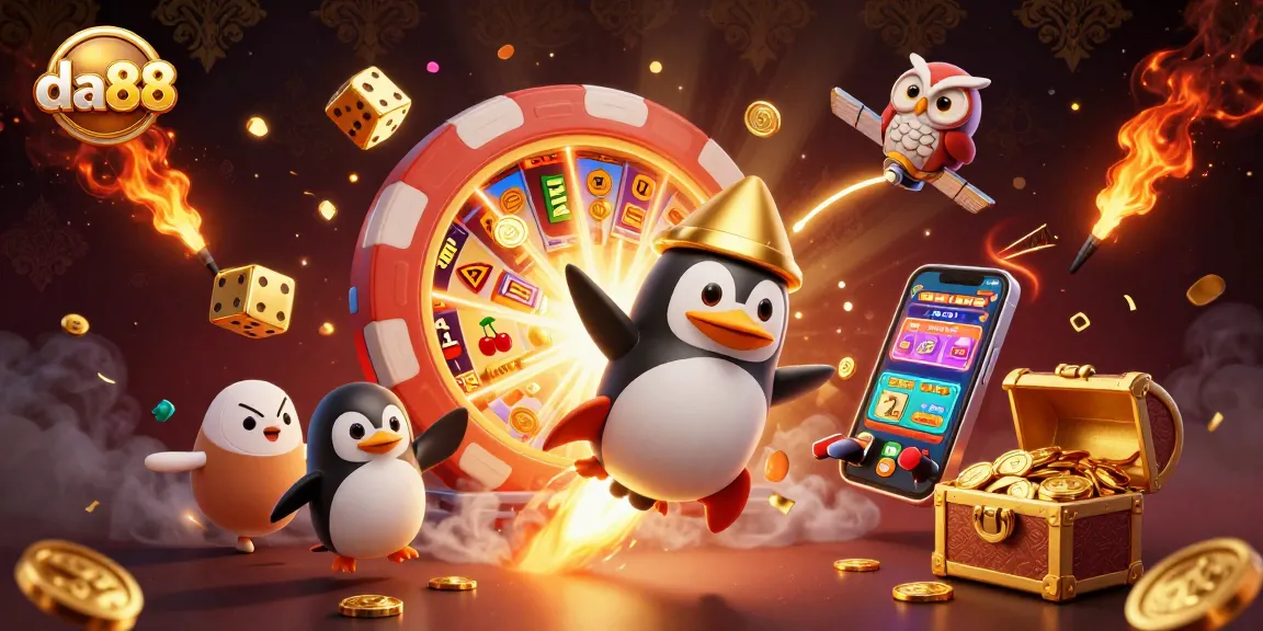 Experience the excitement of da88 with a golden penguin racing through space and casino treasures in a vibrant 3D scene.