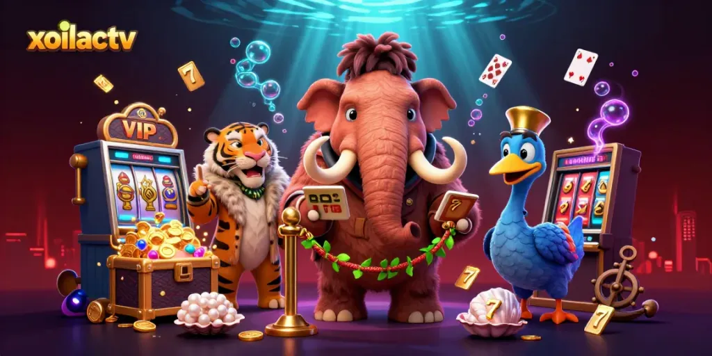 Xoilactv showcases a vibrant, 3D cartoon casino scene with engaging characters, perfect for online gambling excitement.