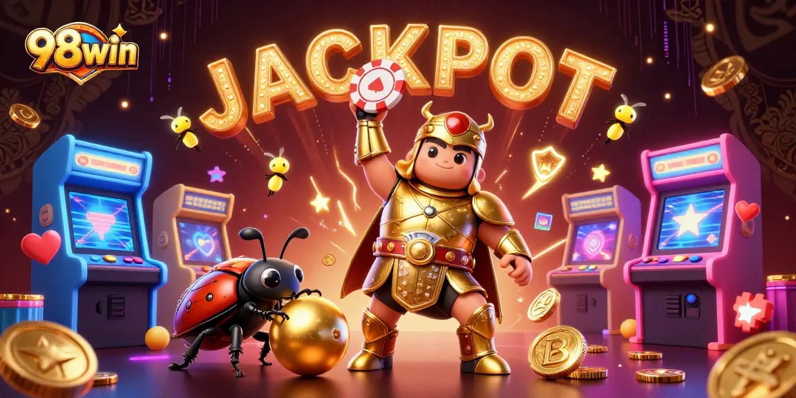 Experience the thrill of 98win casino with victorious beetles lifting chips and jackpot celebrations!