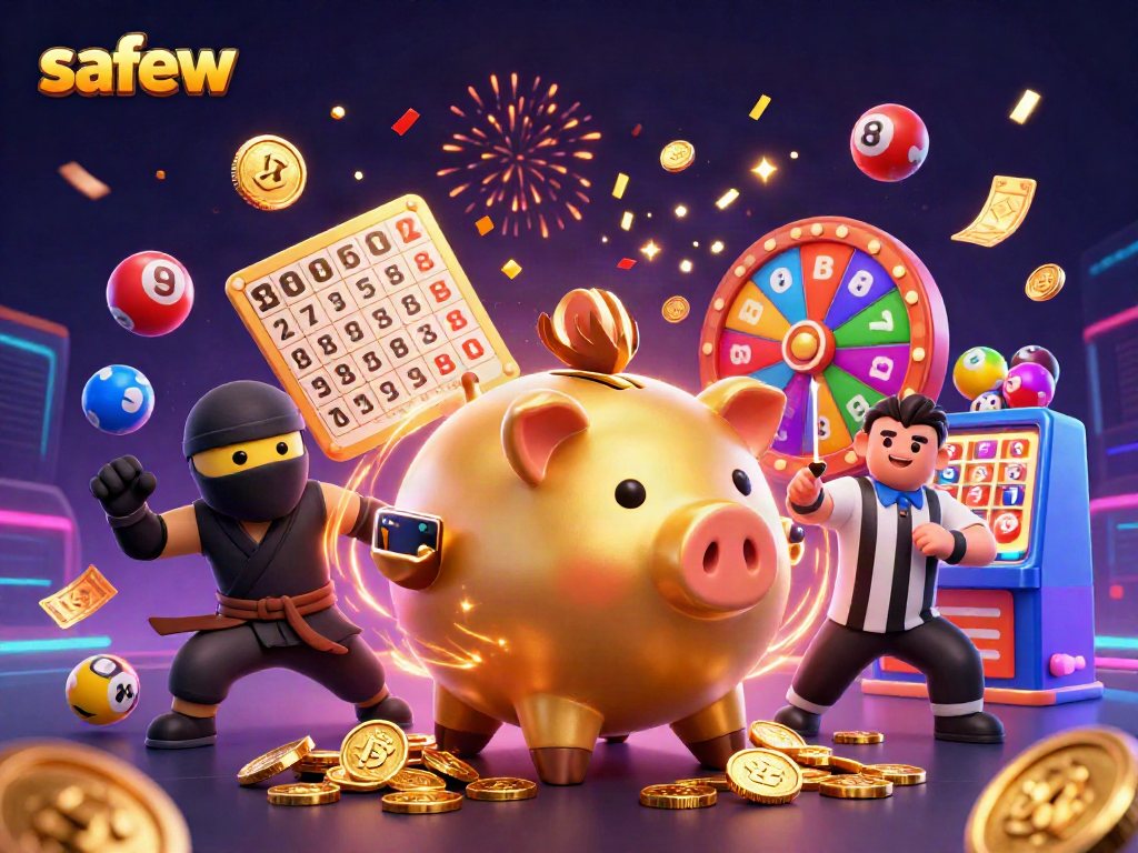 Experience safew’s lively gaming world with a dynamic piggy bank sumo wrestler and colorful lottery elements.