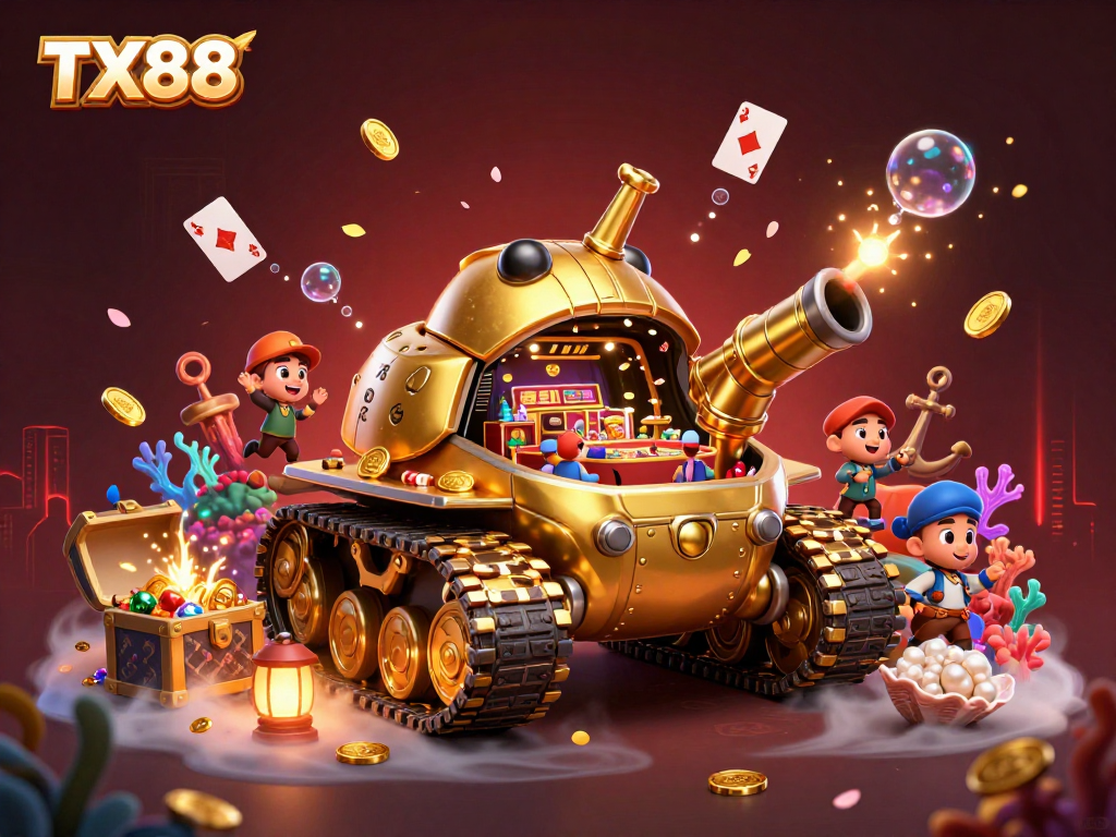 Enter the vibrant world of TX88 with a golden beetle tank evolving into a miniature casino.