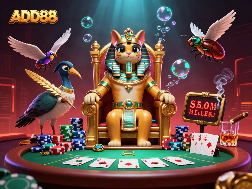 Engage in thrilling gameplay at ADD88 with a cartoon pharaoh cat, poker elements, and vibrant casino atmosphere