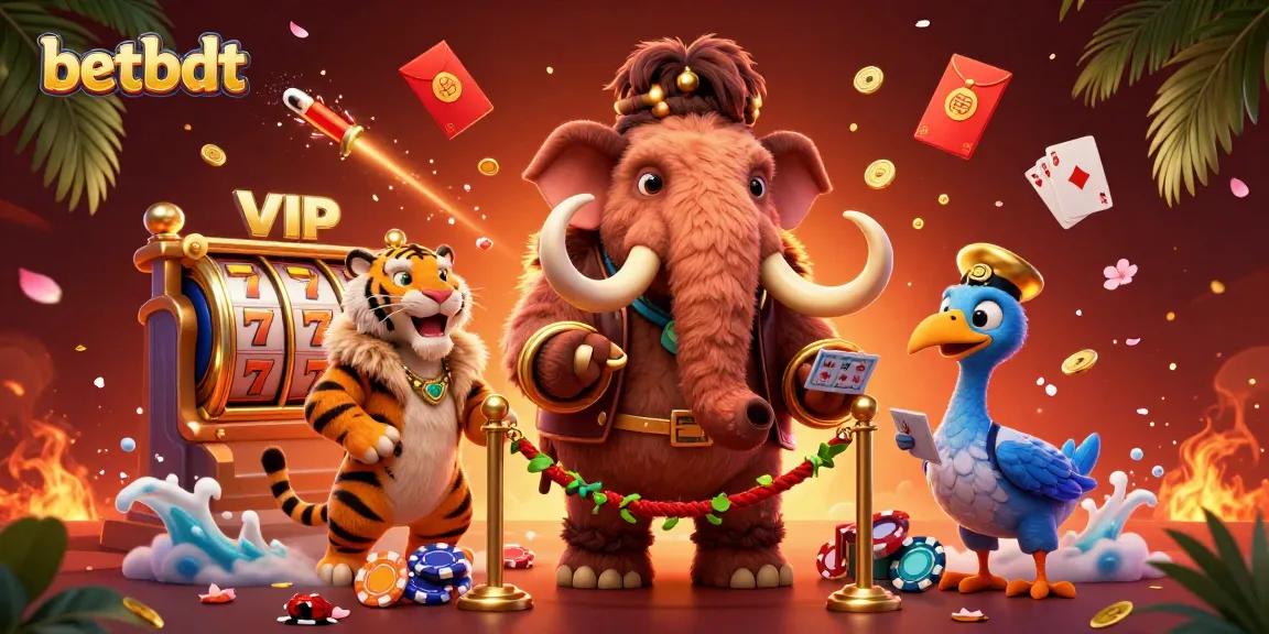 Experience the vibrant energy of gaming at betbdt with a woolly mammoth casino bouncer and a saber-tooth tiger guest.