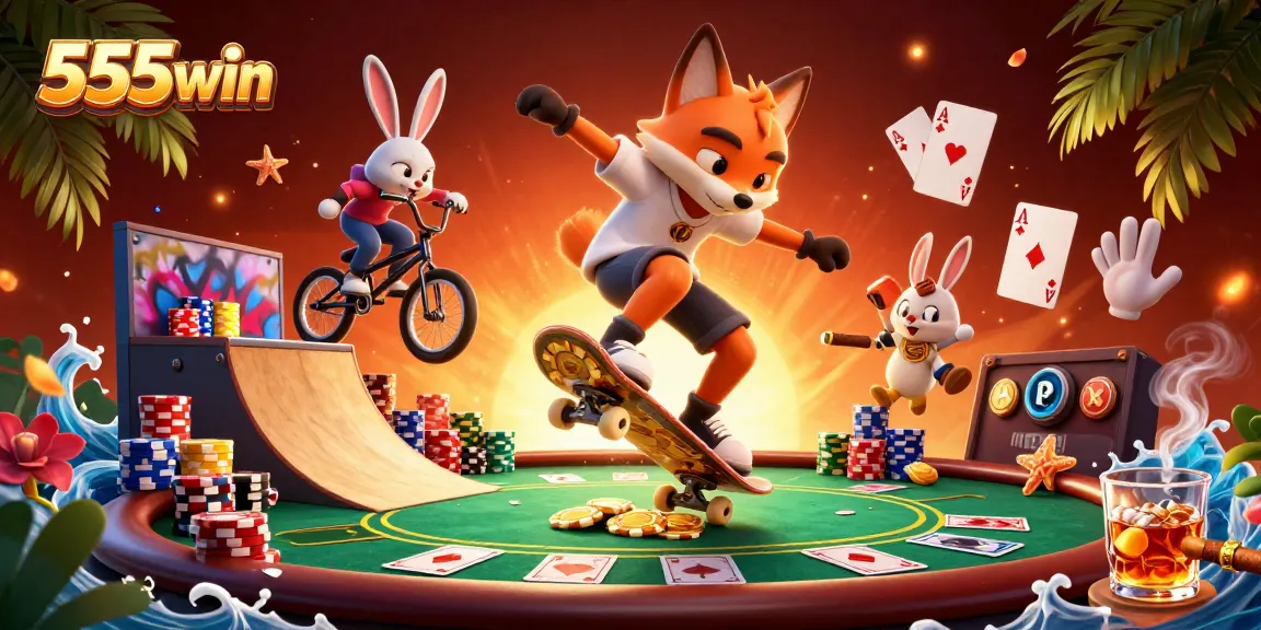 Experience thrilling gameplay at 555win with a vibrant 3D casino scene featuring action-packed tricks and gaming elements.