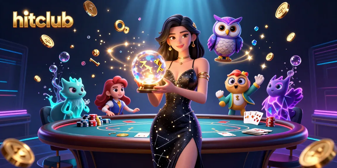 Exciting hitclub scene with a shimmering character unveiling poker strategies amidst dynamic casino elements.