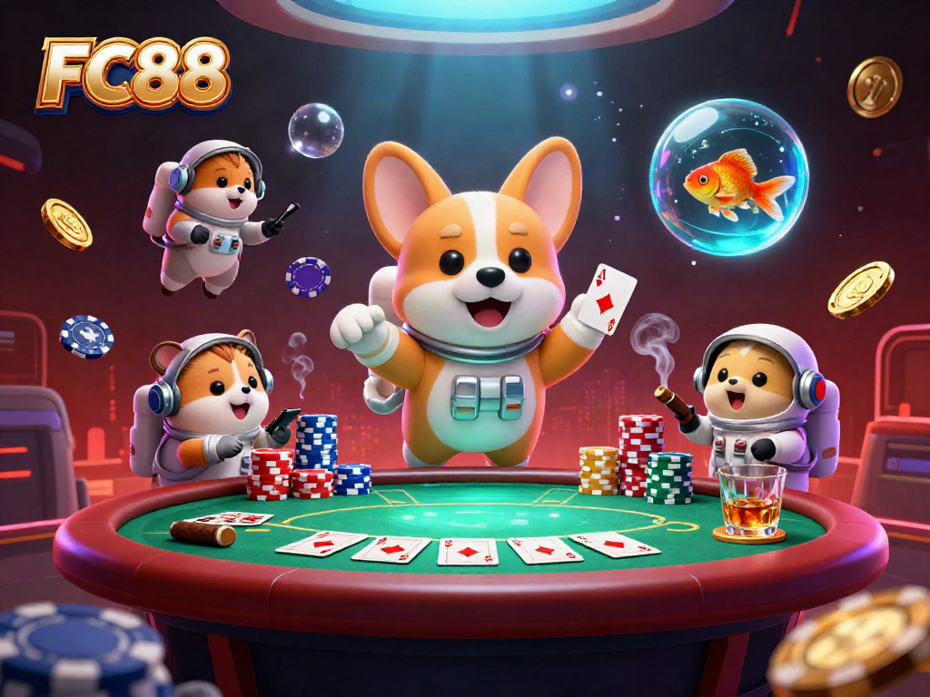 Experience FC88's vibrant casino atmosphere with animated characters engaged in gambling adventures.