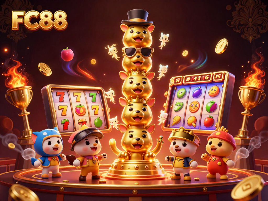 Experience the vibrant excitement of FC88 with animated slot elements and a golden totem pole in a dazzling casino scene.