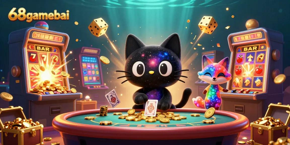 Experience thrilling games at 68gamebai with a cosmic cat in a vibrant casino scene.