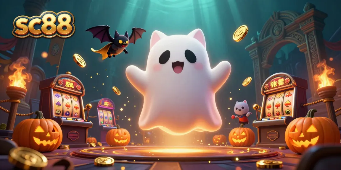 Spin the reels at sc88 with a ghost cat and vampire bat in this vibrant casino scene.