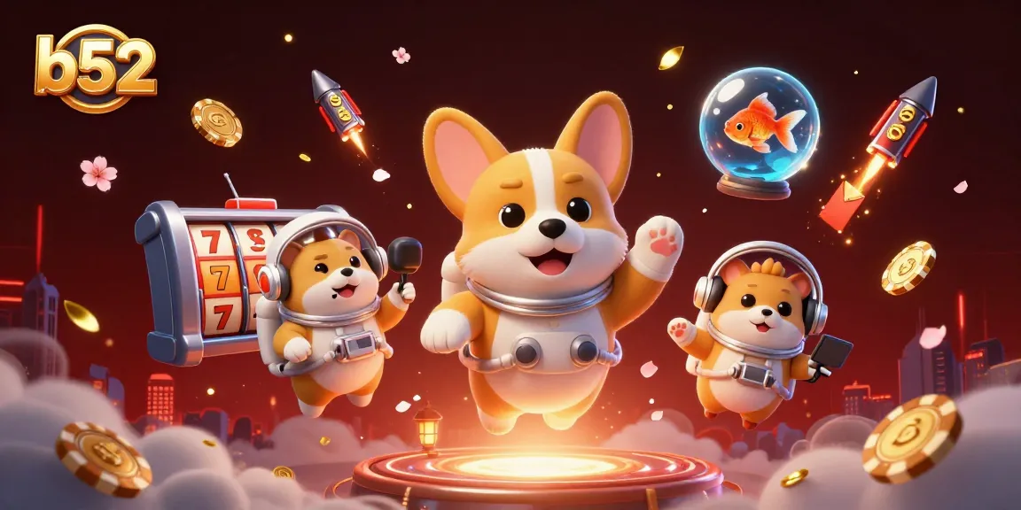 Engage with the thrilling b52 gaming experience through this vibrant 3D illustration showcasing a corgi astronaut in a casino.