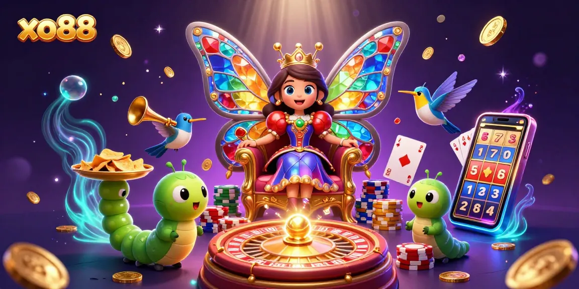 Engage in exciting casino games at xo88 with vibrant illustration showcasing a butterfly queen and colorful gaming elements.