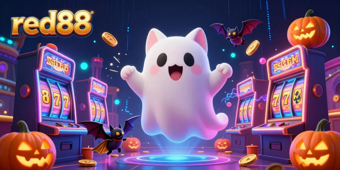 Experience thrilling entertainment at red88 with a lively illustration featuring a friendly ghost cat, casino elements, and vibrant neon effects.