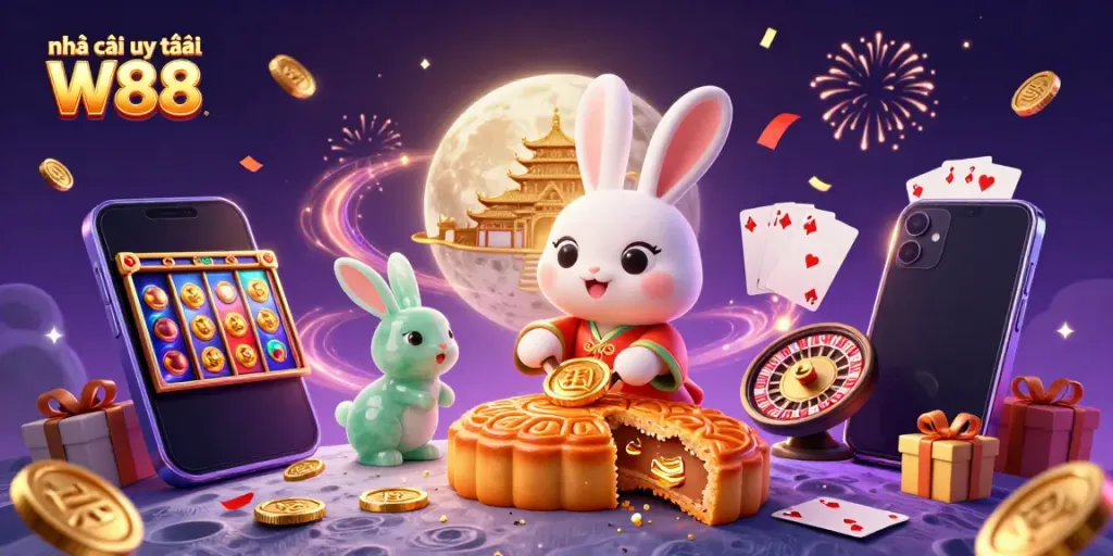 Experience excitement at Nhà cái uy tín W88 with dynamic casino elements and a joyful moon rabbit theme.