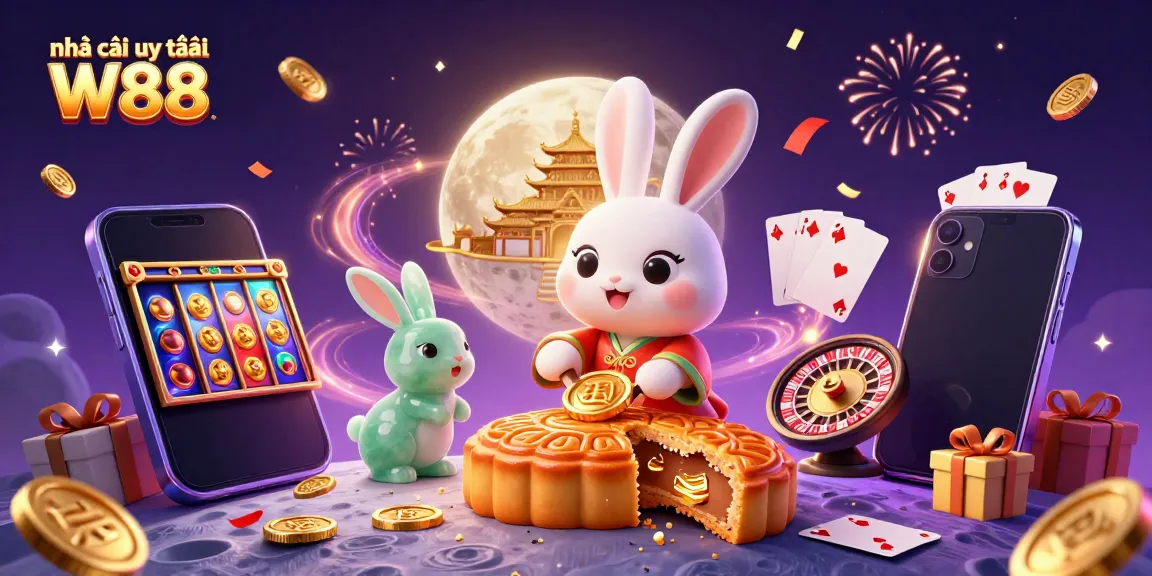 Experience excitement at Nhà cái uy tín W88 with dynamic casino elements and a joyful moon rabbit theme.