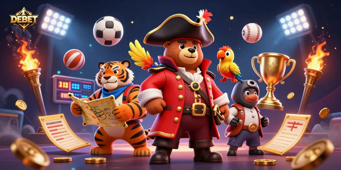 Engage in sports betting adventures with DEBET, featuring dynamic characters and vibrant casino elements.